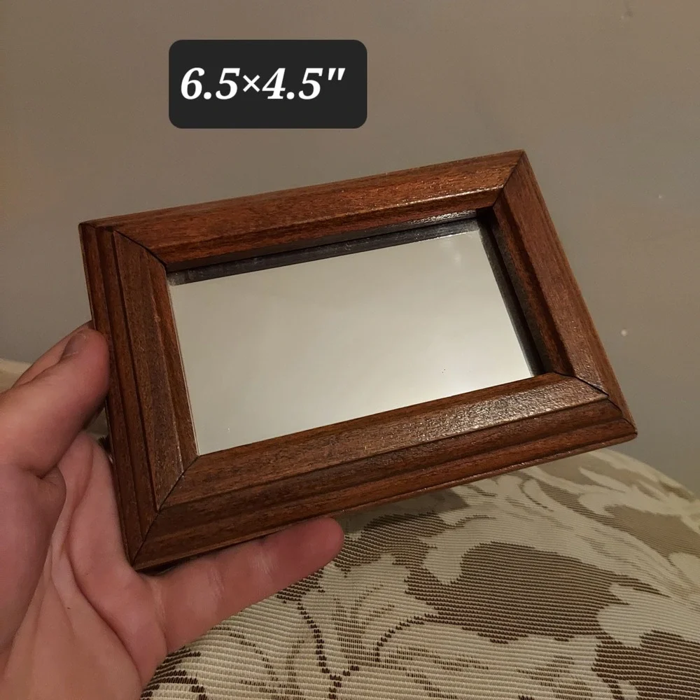 Vintage Wood Frame Wall Mirror Rectangular Brown Beveled Small 6.5x4.5 Inch